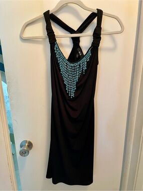BCX Black Dress with Turquoise Beaded Bib